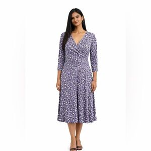 Apt. 9 Woman 1X Lavender/ Soft Purple Geometric Faux Wrap Midi Dress 3/4 Sleeve